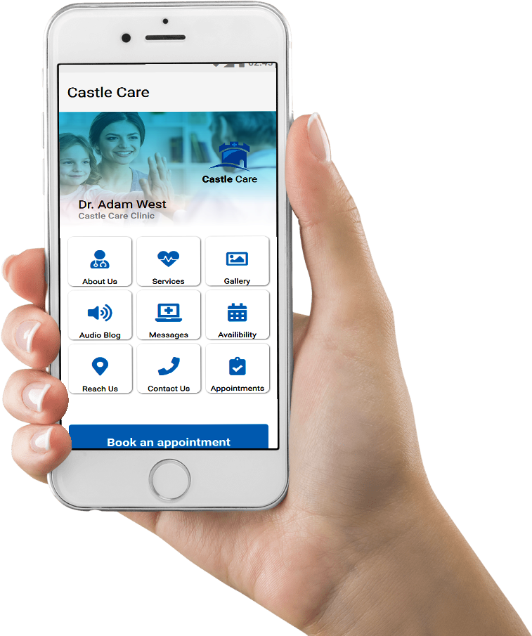 ladies hand holding cellphone with castle care application visible on it